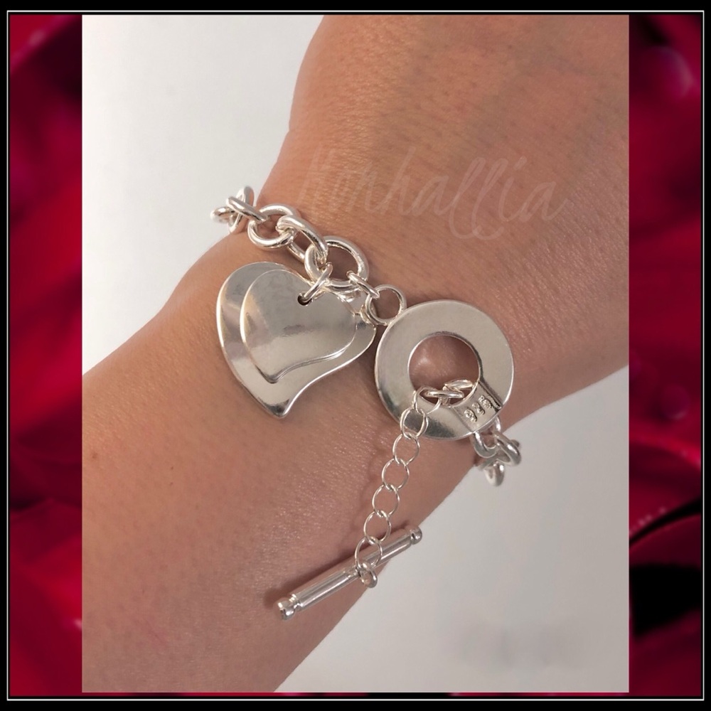 New 925 Sterling Silver Heart Toggle Chunky Chain Bracelet - Silver Heart Charms